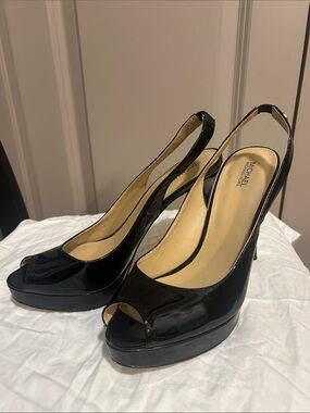 Michael Kors Black Patent Peep-Toe Slingback Platform Heels